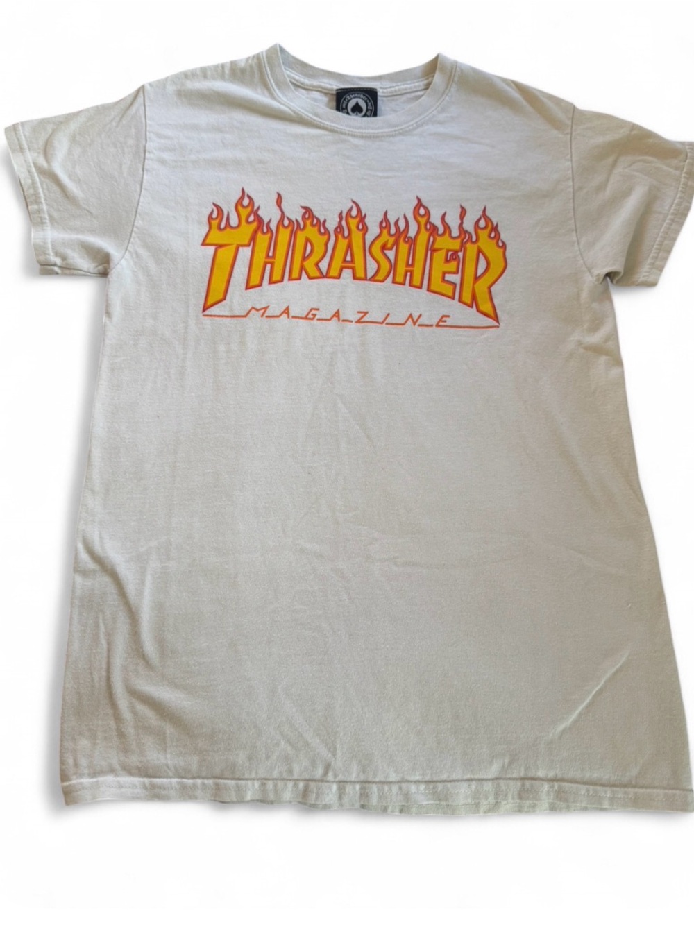 Thrasher Cream Tee with Yellow & Red Flame Logo